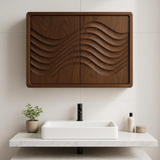 Handcrafted Solid Wood Wall Cabinet with Sculpted Wave Doors – Modern Artistic Bathroom Storage