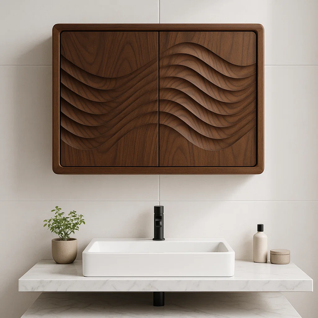 Handcrafted Solid Wood Wall Cabinet with Sculpted Wave Doors – Modern Artistic Bathroom Storage