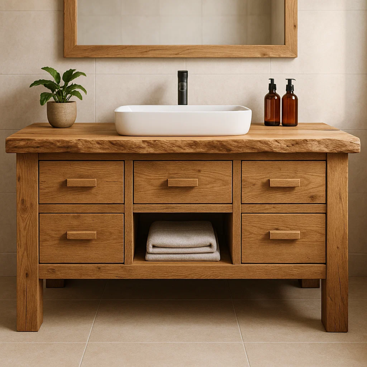 Handcrafted Solid Wood Bathroom Vanity - Live Edge Storage Cabinet with 6 Drawers & Shelf