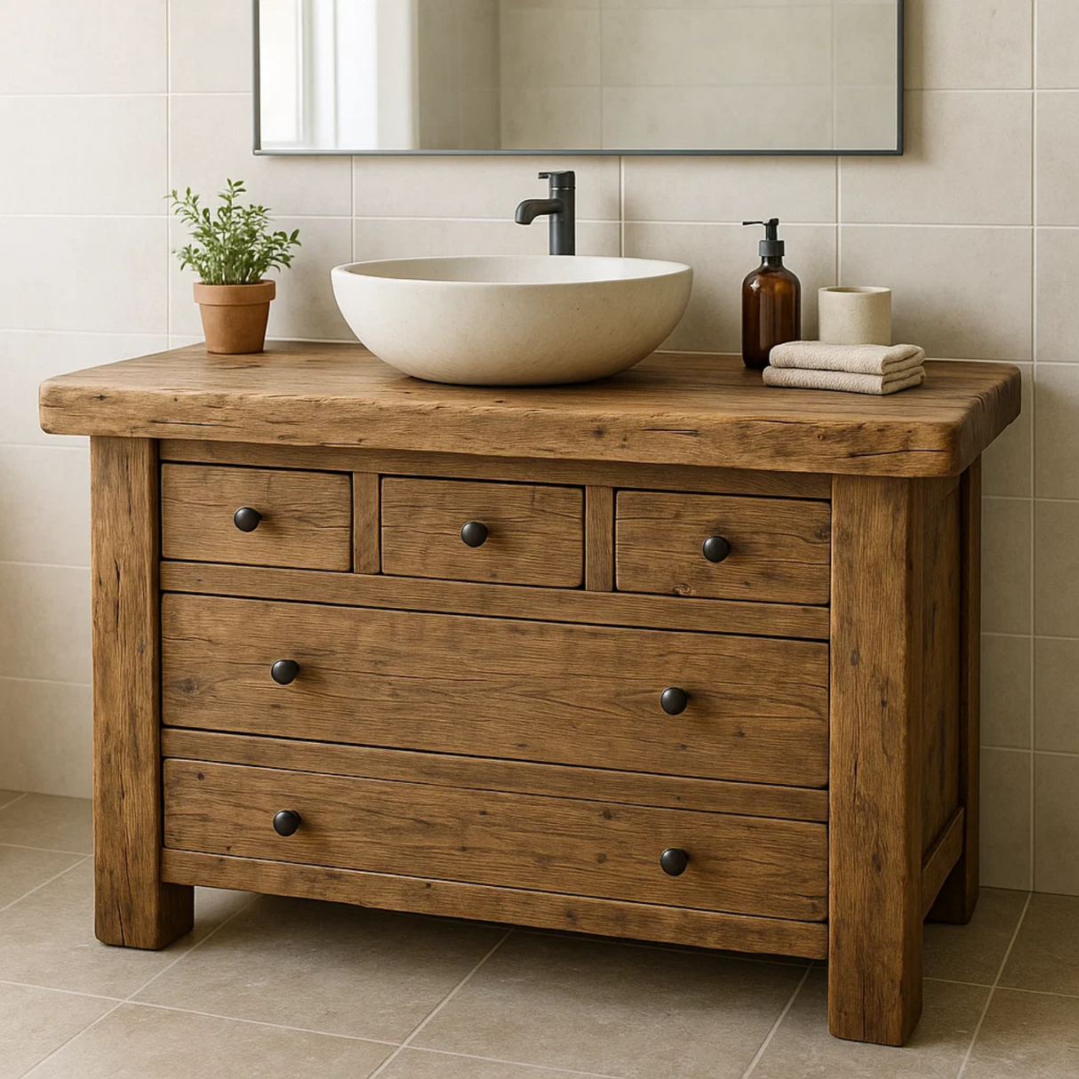 Handcrafted Solid Wood Single Bathroom Vanity - Rustic Storage Cabinet with Drawers