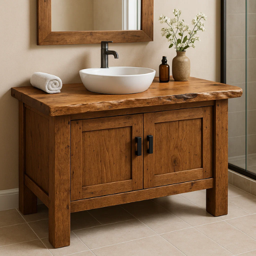Handcrafted Solid Wood Bathroom Vanity – Live Edge Countertop with Double Door Storage