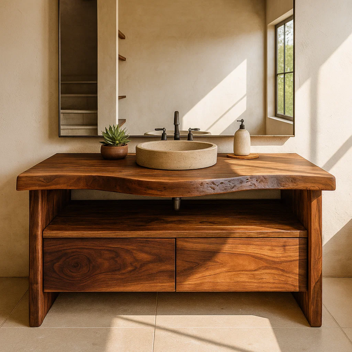 Handcrafted Solid Wood Bathroom Vanity with Live-Edge Walnut Top and Modern Storage Drawers