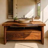 Handcrafted Solid Wood Bathroom Vanity with Live-Edge Walnut Top and Modern Storage Drawers