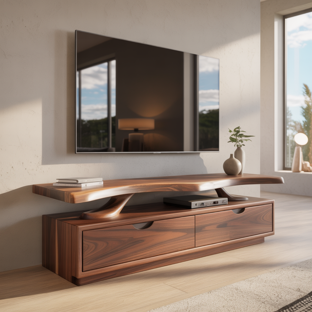 Handcrafted Solid Wood TV Stand with Sculpted Live-Edge Floating Shelf