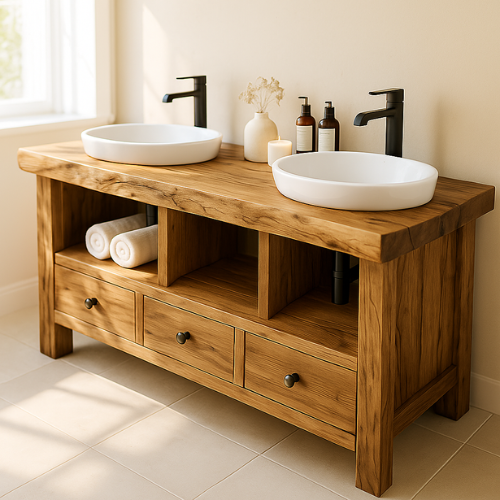 Handcrafted Solid Wood Double Sink Bathroom Vanity – Rustic Live Edge Countertop with 3 Drawers & Open Shelves – Farmhouse Design