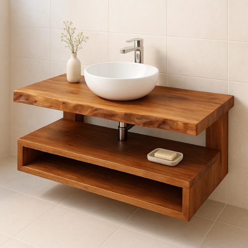 Handcrafted Floating Solid Wood Bathroom Vanity – Rustic Live Edge Countertop with Open Shelf – Modern Minimalist Design