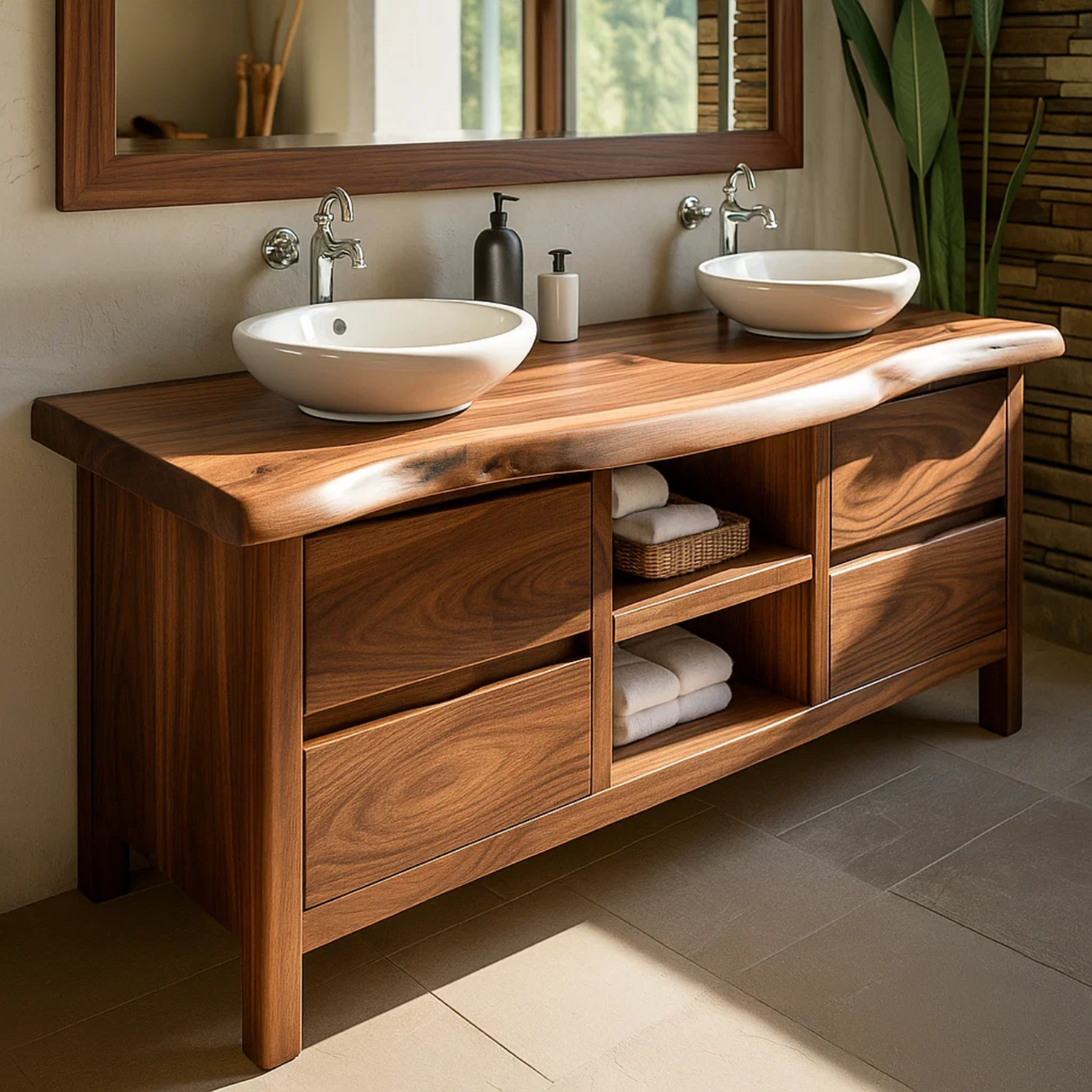 Handcrafted Solid Wood Bathroom Vanity - Live Edge Walnut, Drawers & Open Shelving