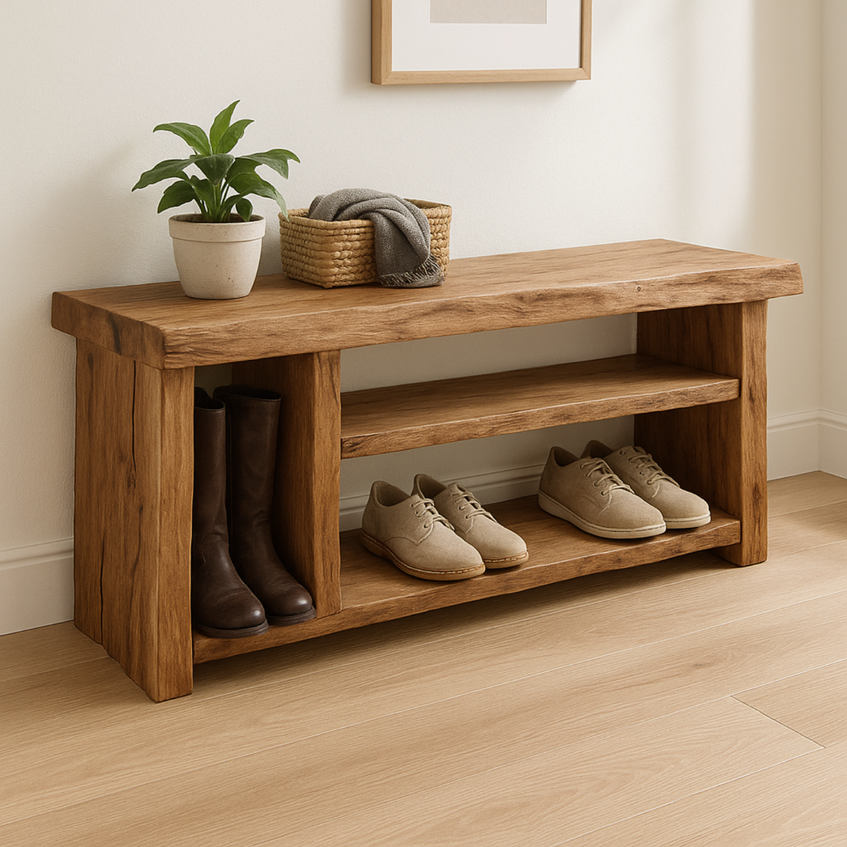Handcrafted Solid Wood Bench – Natural Rustic Seating and Multi-Tier Storage