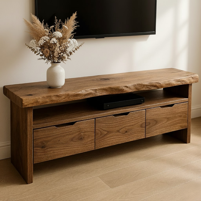 Handcrafted Solid Wood TV Stand with Live Edge Walnut Top and 3 Drawers