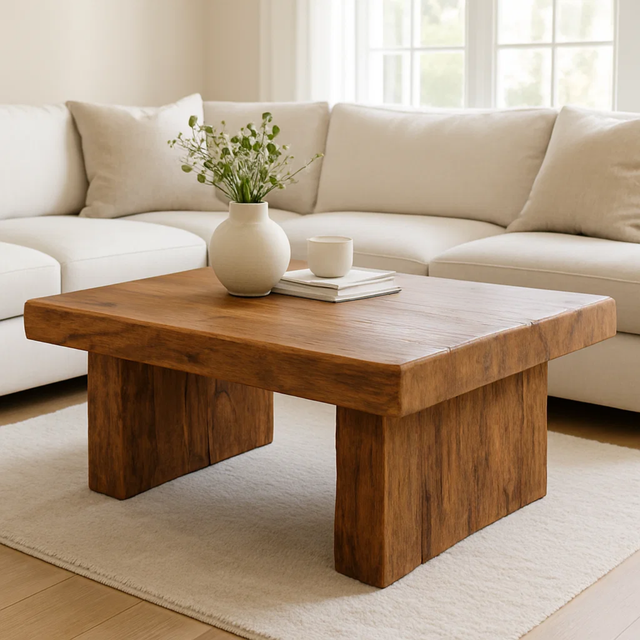 Handcrafted Solid Wood Coffee Table – Rustic Block Base Design for Living Room
