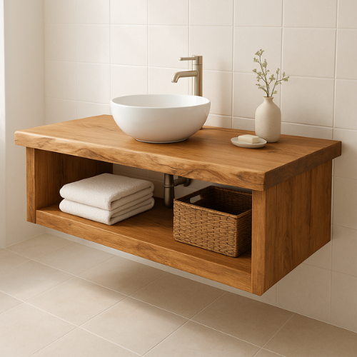 Handcrafted Floating Solid Wood Bathroom Vanity – Live Edge Countertop with Open Storage Shelf – Minimalist Natural Design