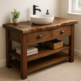 Handcrafted Solid Wood Bathroom Vanity – Live Edge Top with 2 Drawers and Open Shelving