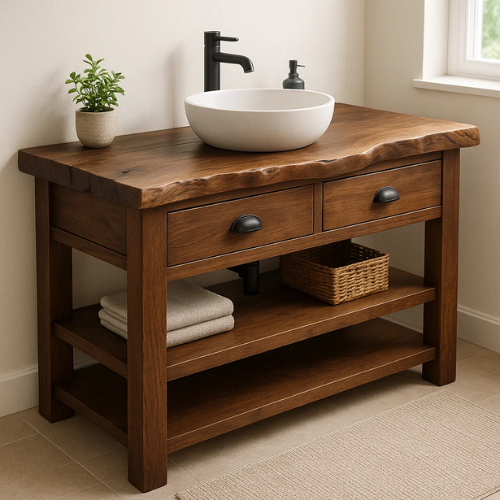 Handcrafted Solid Wood Bathroom Vanity – Live Edge Top with 2 Drawers and Open Shelving