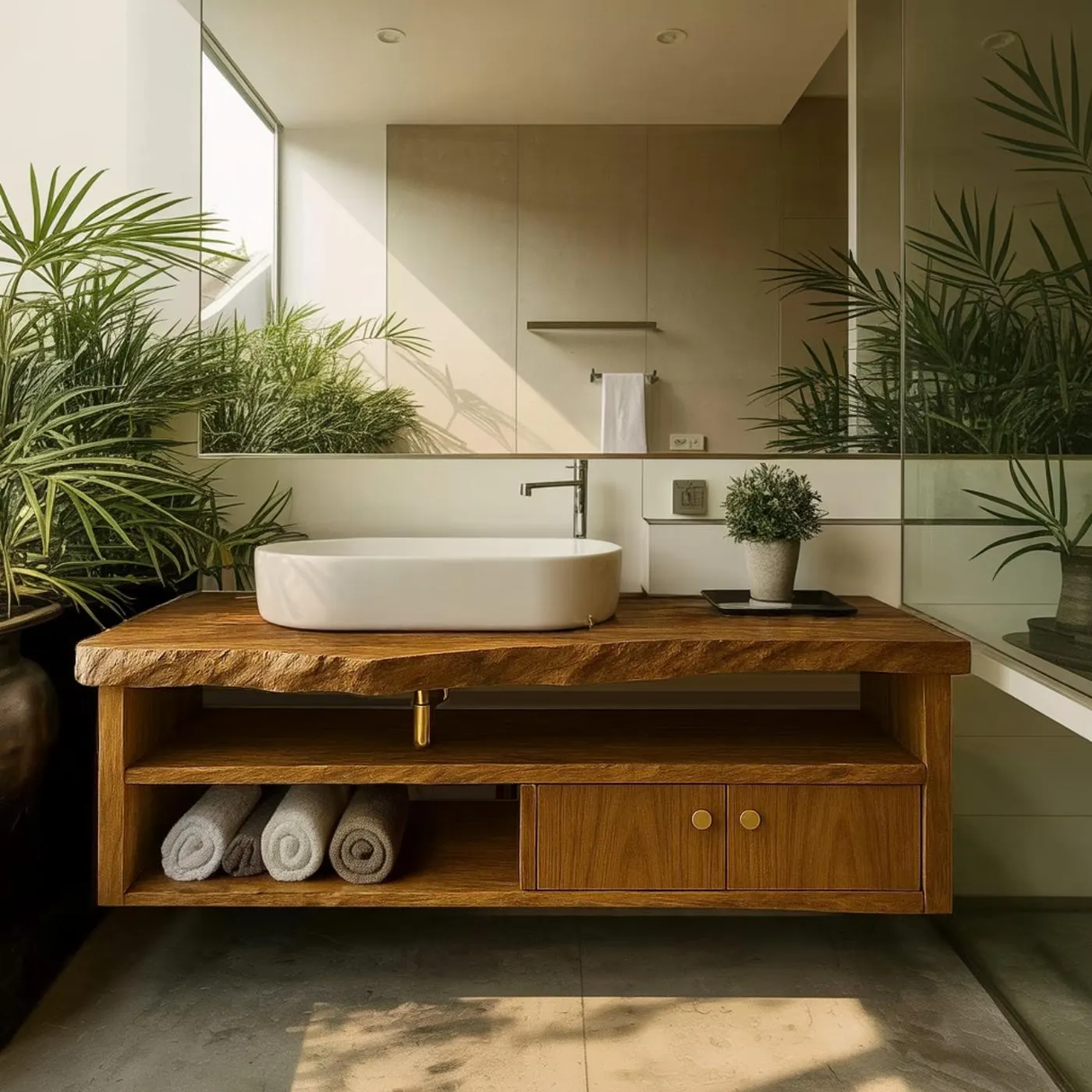 Handcrafted Solid Wood Floating Vanity, Organic Live Edge Bathroom Console with Storage