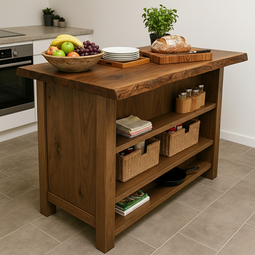 Handcrafted Solid Wood Kitchen Island - Rustic Live Edge & Open Shelves