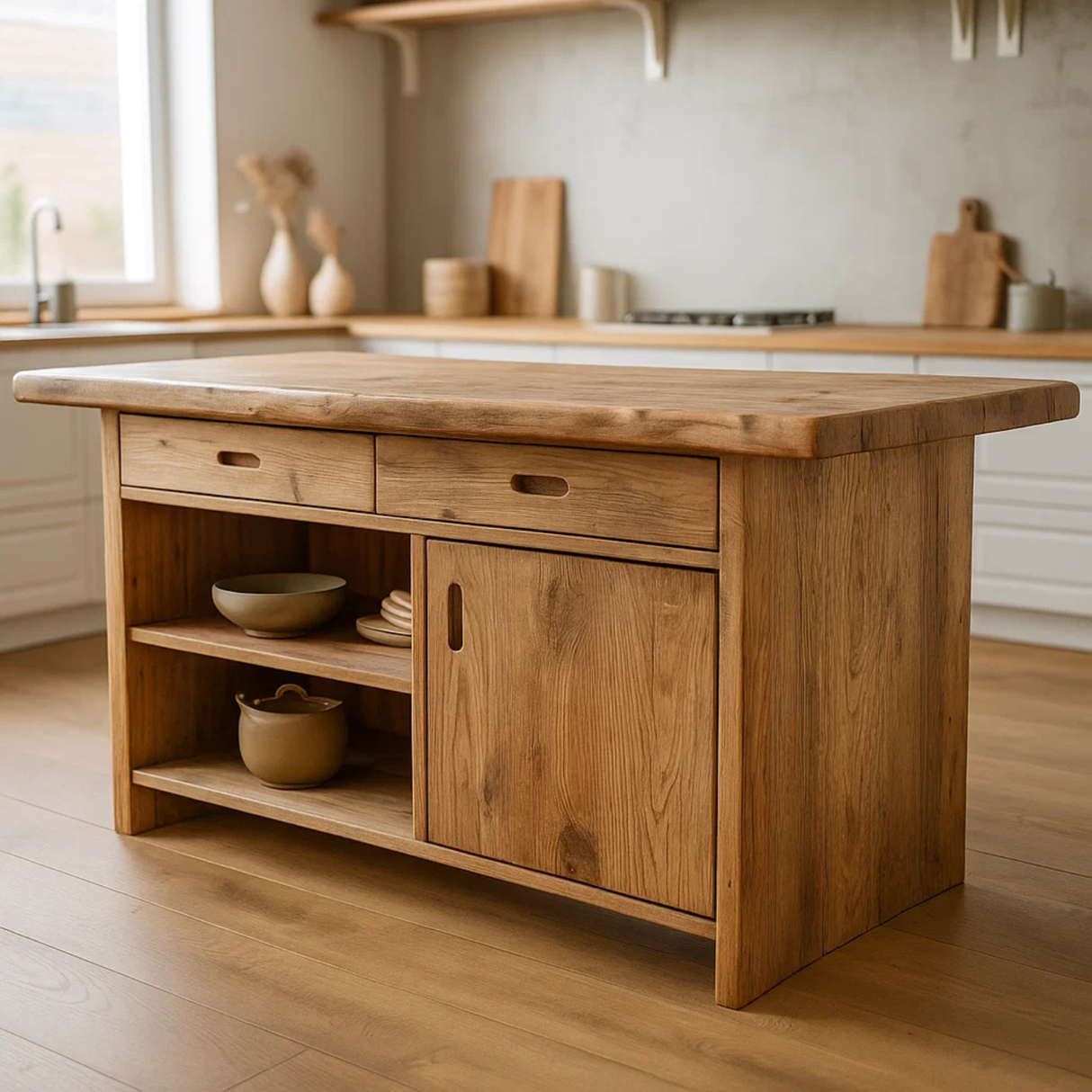 Handcrafted Solid Wood Kitchen Island with Open Shelves and Sliding-Door Storage