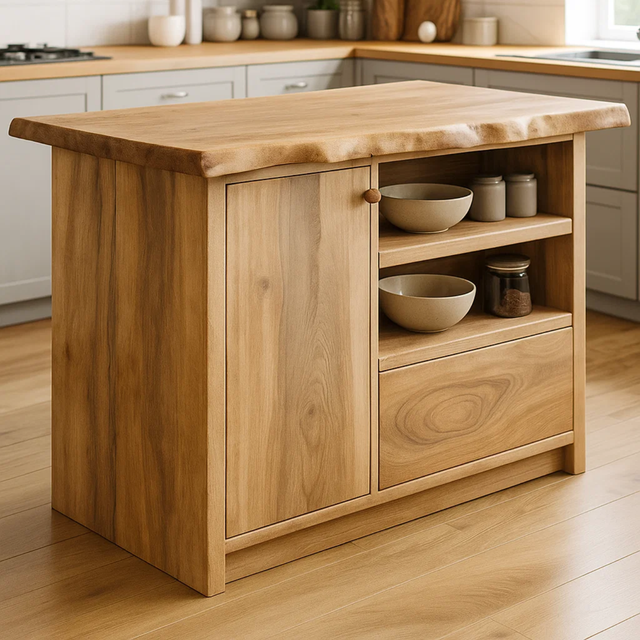 Handcrafted Solid Wood Kitchen Island with Live-Edge Top and Open Storage Shelves