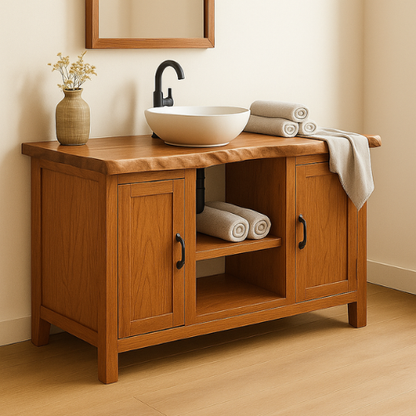 Handcrafted Solid Wood Bathroom Vanity – Live Edge Top with Dual Cabinets and Open Shelf