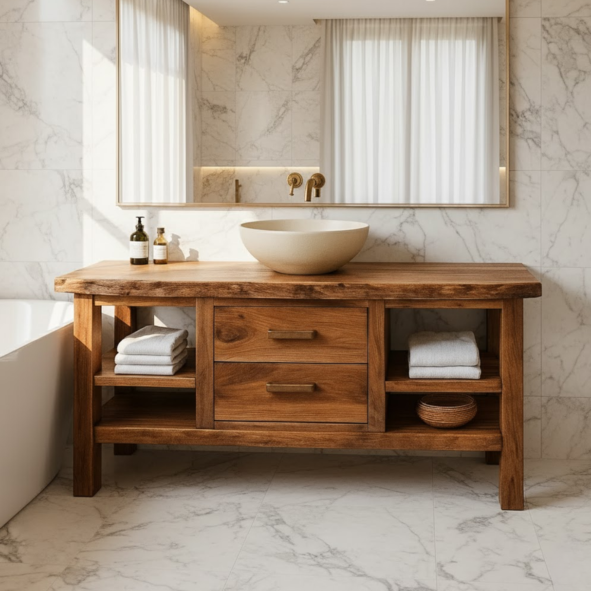 Handcrafted Solid Wood Bathroom Vanity - Live Edge Top, 2 Drawers & Open Frame Shelving