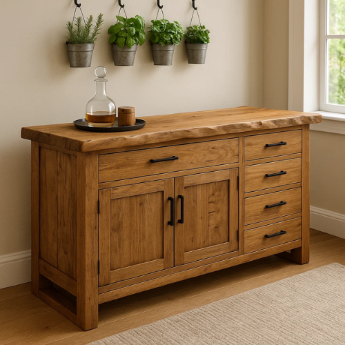 Handcrafted Solid Wood Live Edge Console Table – Natural Oak with Drawers and Cabinet Storage