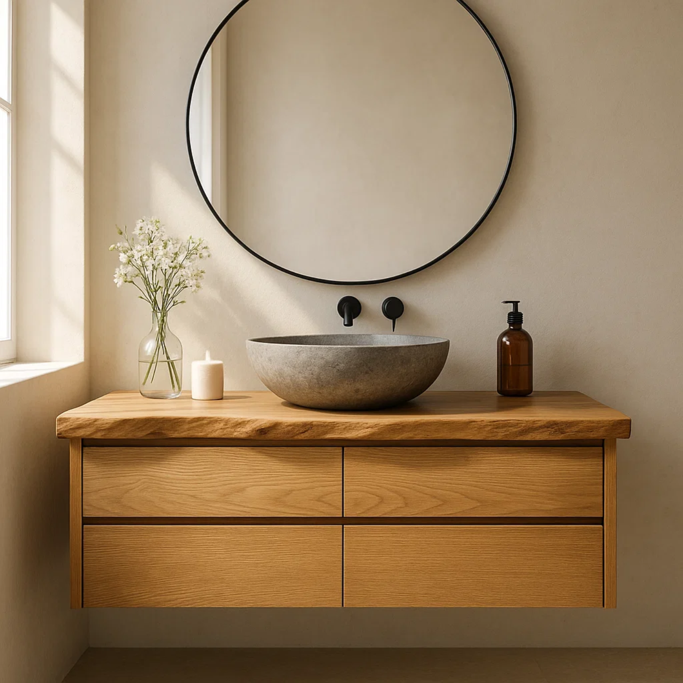 Handcrafted Solid Wood Floating Bathroom Vanity with Live Edge Top - Minimalist Modern Design