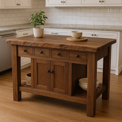 Handcrafted Solid Wood Kitchen Island - 4 Drawers & Cabinet Storage