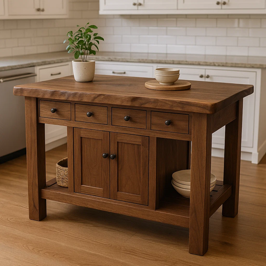 Handcrafted Solid Wood Kitchen Island - 4 Drawers & Cabinet Storage