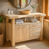 Handcrafted Solid Wood Bathroom Vanity with Live Edge Oak Top and Storage Drawers