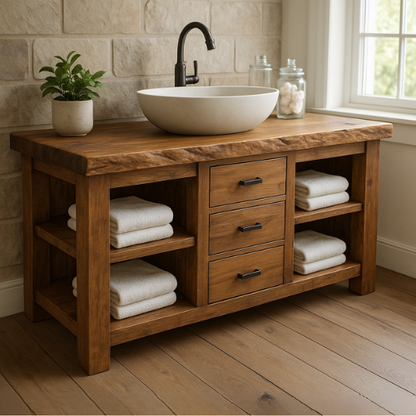Handcrafted Solid Wood Bathroom Vanity – Live Edge Top with 3 Drawers & Open Shelving