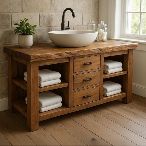 Handcrafted Solid Wood Bathroom Vanity – Live Edge Top with 3 Drawers & Open Shelving