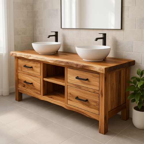 Handcrafted Double Sink Bathroom Vanity – Solid Oak Live Edge Countertop with Drawers & Shelves – Modern Rustic Wood Design for Natural Interiors