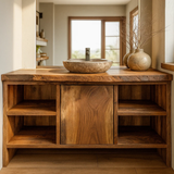 Handcrafted Solid Wood Bathroom Vanity with Central Sliding Door & Open Storage Shelves