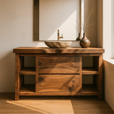 Handcrafted Solid Wood Bathroom Vanity with Live Edge Top and Curved Drawer Design