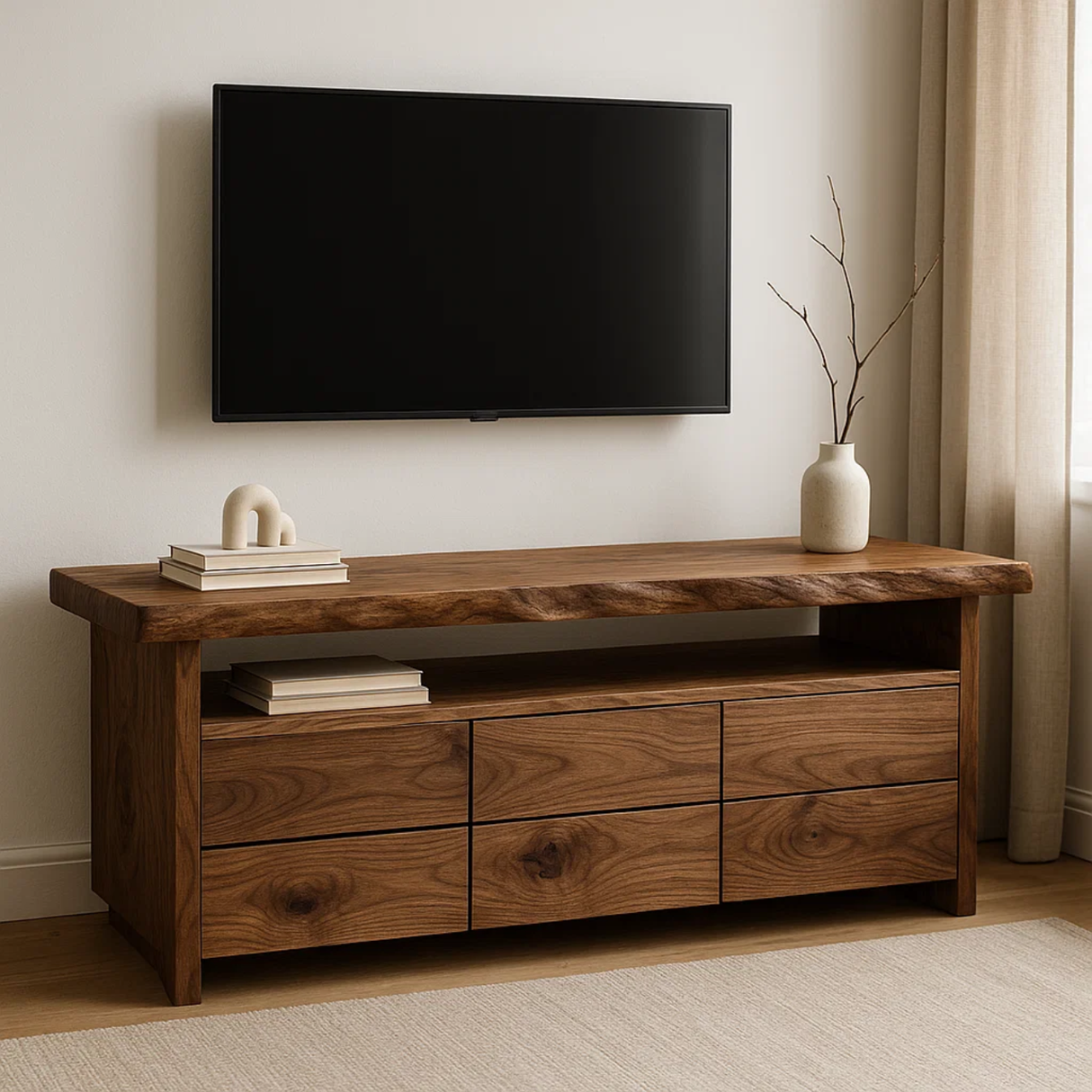 Handcrafted Solid Wood TV Stand with Live Edge Walnut Top and Modern Storage