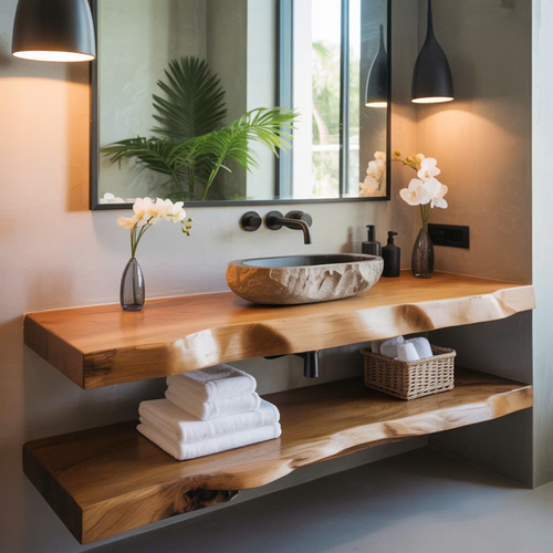 Handcrafted Solid Wood Floating Vanity, Organic Live Edge Vessel Sink Console