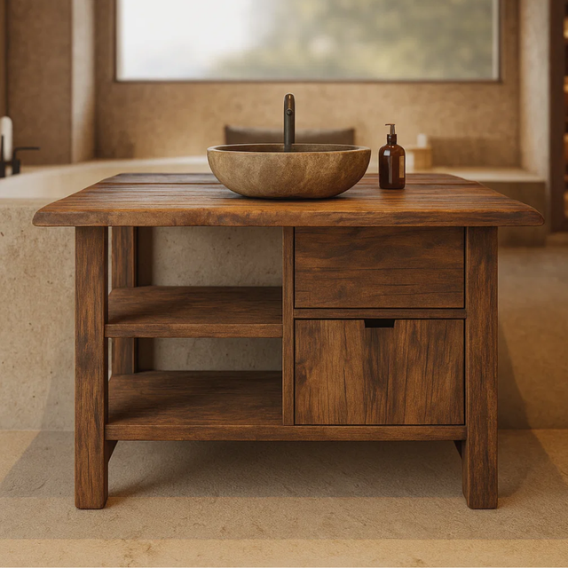 Handcrafted Solid Wood Bathroom Vanity with Open Shelves and Soft-Close Storage