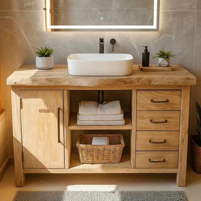 Handcrafted Solid Wood Bathroom Vanity with Live Edge Oak Top and Open Storage