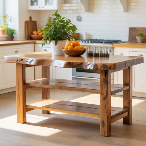Handcrafted Solid Wood Kitchen Island - Natural Live-Edge Top & Open Shelving