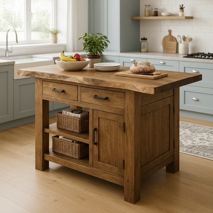 Handcrafted Solid Wood Kitchen Island - Live-Edge Top, Drawers & Cabinet