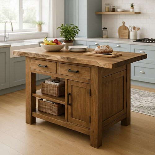 Handcrafted Solid Wood Kitchen Island - Live-Edge Top, Drawers & Cabinet
