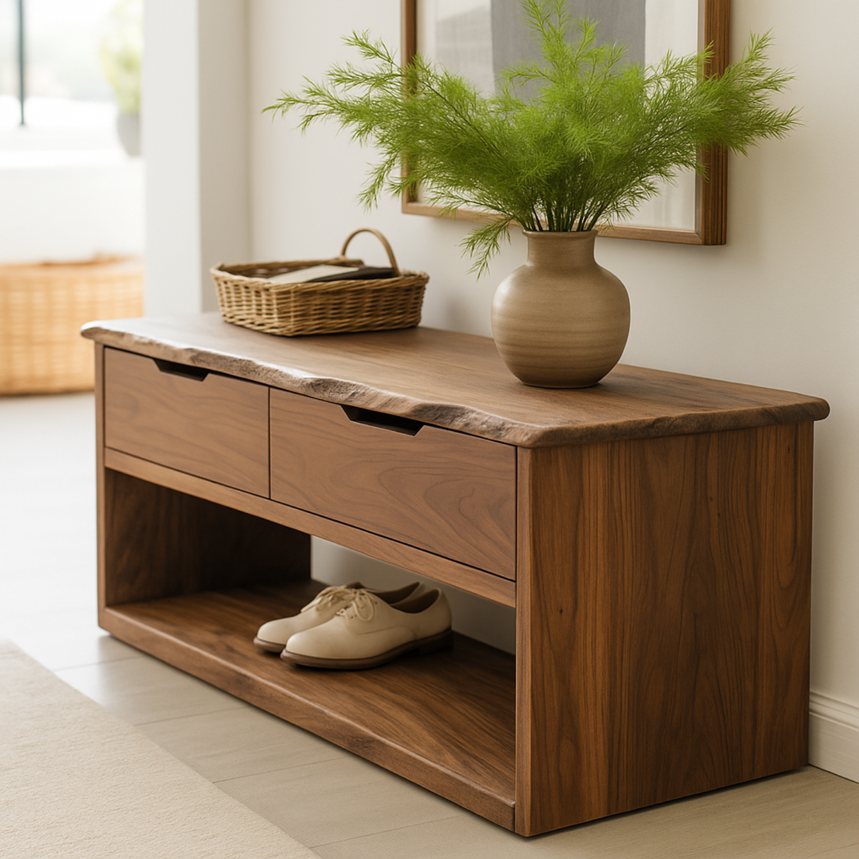 Handcrafted Solid Wood Bench – Live-Edge Entryway Bench with Drawers