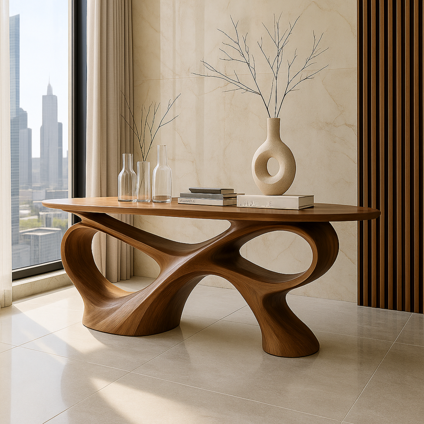 Handcrafted Solid Wood Sculptural Console Table – Contemporary Organic Style