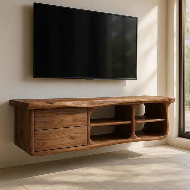 Handcrafted Solid Wood Floating TV Stand with Live Edge - Rustic Modern Media Console