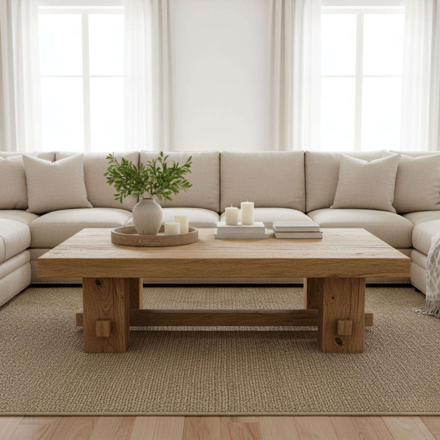 Handcrafted Solid Wood Coffee Table – Rustic Farmhouse Block Design for Living Room