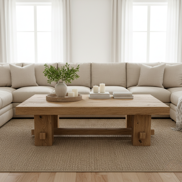 Handcrafted Solid Wood Coffee Table – Rustic Farmhouse Block Design for Living Room