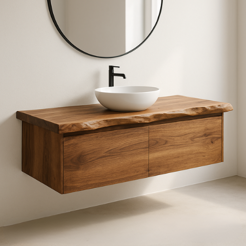 Handcrafted Floating Solid Wood Bathroom Vanity – Live Edge Countertop with Hidden Drawers – Modern Rustic Wall-Mount Design