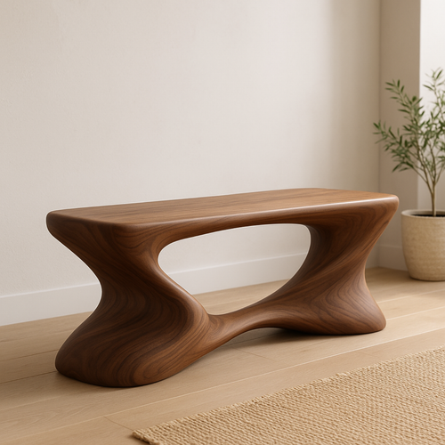 Handcrafted Solid Wood Bench – Sculptural Modern Walnut Wave Accent Table