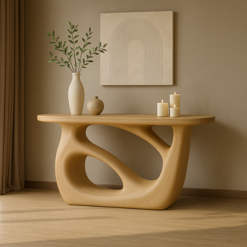 Handcrafted Solid Wood Sculptural Console Table – Light Oak Organic Form