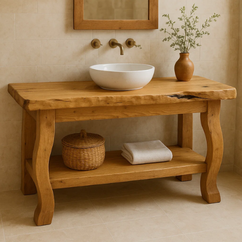 Handcrafted Solid Wood Bathroom Vanity – Live Edge Countertop with Curved Legs and Open Shelf – Rustic Organic Natural Design