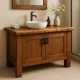 Handcrafted Solid Oak Bathroom Vanity – Live Edge Countertop with Double Doors – Rustic Modern Wood Design for Warm Natural Bathroom Interiors